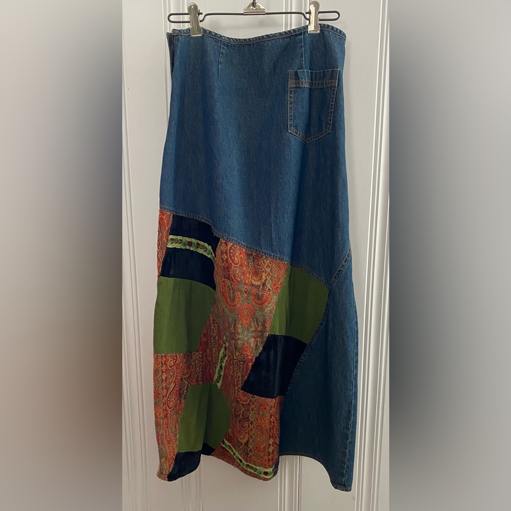 Women’s Denim Patchwork Maxi Skirt bohemian festival